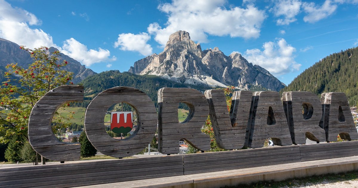 Corvara sign in the Dolomites