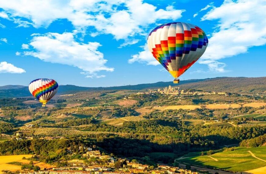 A colorful hot air balloon in Tuscany