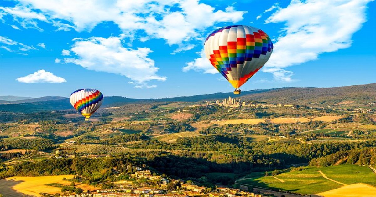 A colorful hot air balloon in Tuscany