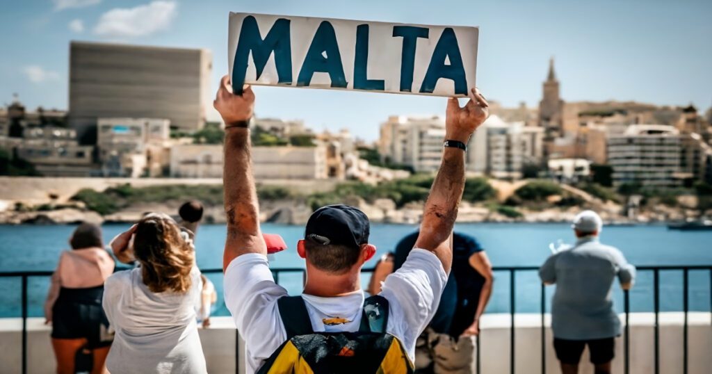 A sign saying "Malta" held by a person